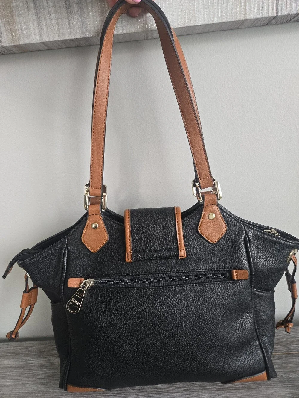 Stauer Black & Tan Shoulder Bag Gold Logo Large Satchel Tote